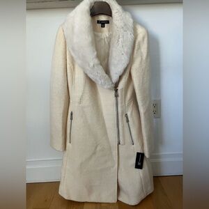INC INTERNATIONAL CONCEPTS Faux Fur Collared Ivory Wool Coat Women Size XS